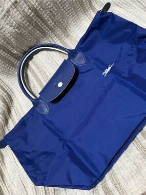 Longchamp Royal Blue Foldable Le Pliage Tote with White Logo